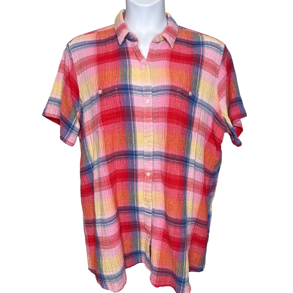 Vermont Country Store Mens Red Plaid Double Gauze Cotton Short Sleeve Shirt Sz L - Picture 1 of 7